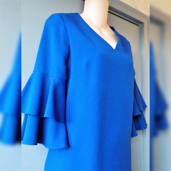 *Blue Tahari Ruffled Bell Sleeve Shift Dress- Small - Picture 2 of 5